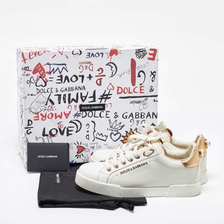 Pre Owned Dolce & Gabbana White/Gold Leather Portofino Sneakers Size 38.5