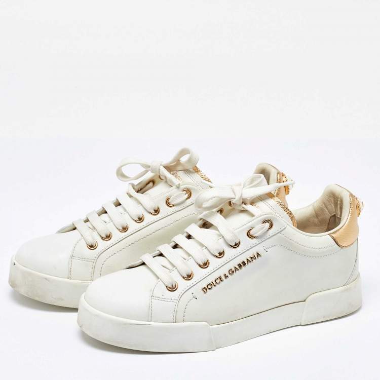 Pre Owned Dolce & Gabbana White/Gold Leather Portofino Sneakers Size 38.5