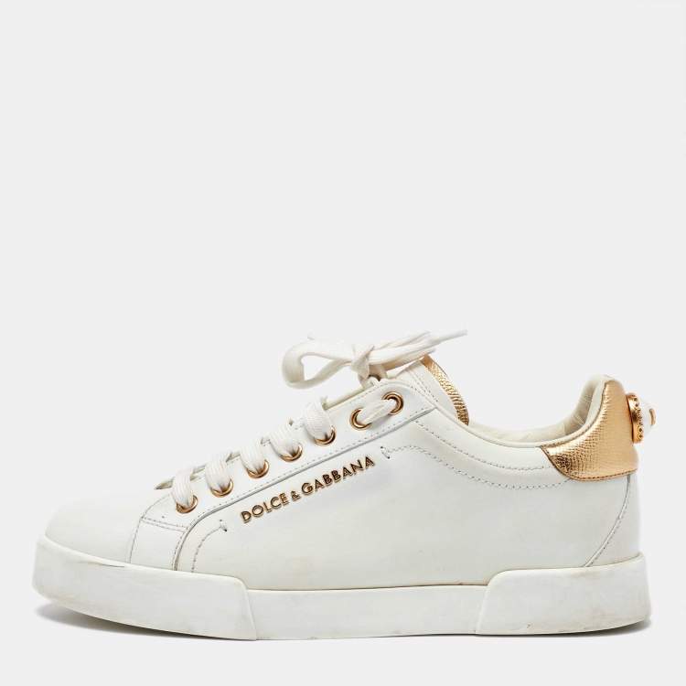 Pre Owned Dolce & Gabbana White/Gold Leather Portofino Sneakers Size 38.5