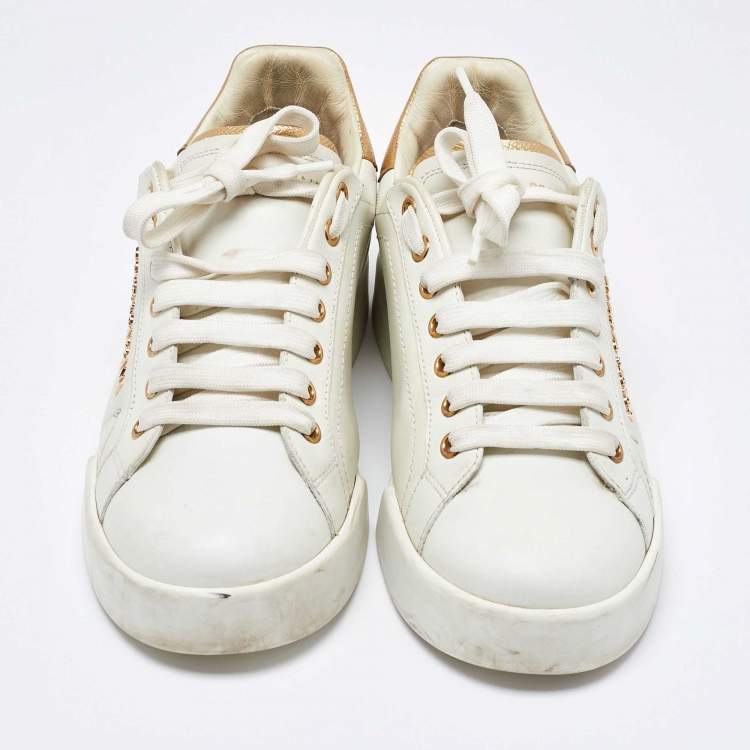 Pre Owned Dolce & Gabbana White/Gold Leather Portofino Sneakers Size 38.5