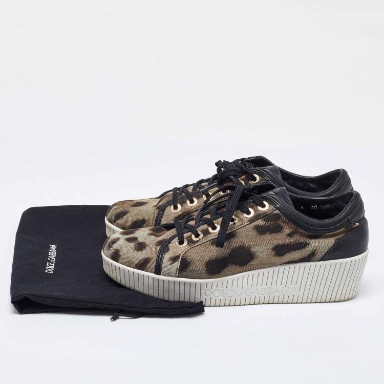 Pre Owned Dolce & Gabbana Black/Brown Leopard Print Canvas and Leather Sneakers Size 40