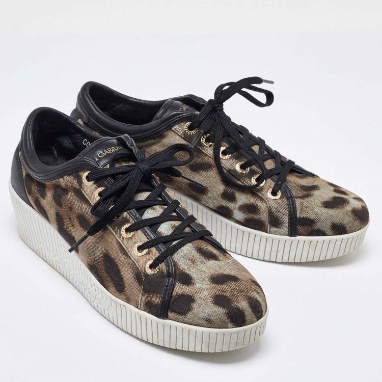 Pre Owned Dolce & Gabbana Black/Brown Leopard Print Canvas and Leather Sneakers Size 40