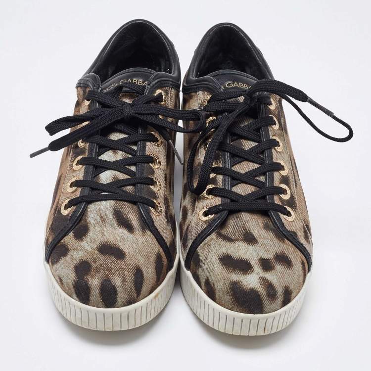 Pre Owned Dolce & Gabbana Black/Brown Leopard Print Canvas and Leather Sneakers Size 40
