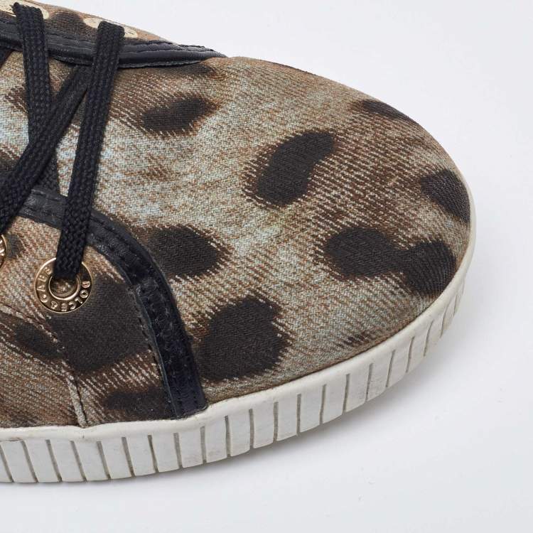 Pre Owned Dolce & Gabbana Black/Brown Leopard Print Canvas and Leather Sneakers Size 40