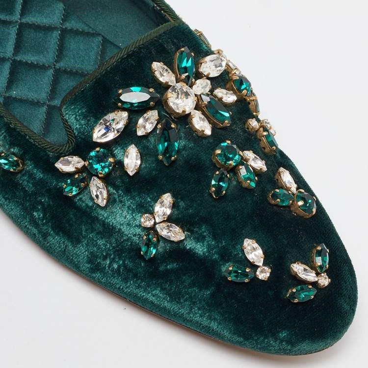 Pre Owned Dolce & Gabbana Green Velvet Crystal Velvet Smoking Slippers Size 40