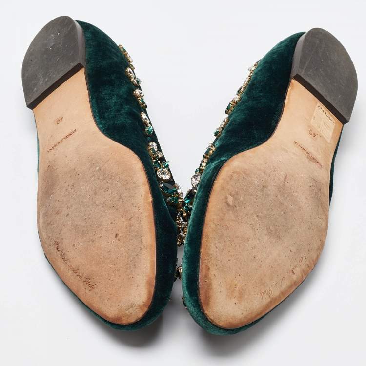 Pre Owned Dolce & Gabbana Green Velvet Crystal Velvet Smoking Slippers Size 40