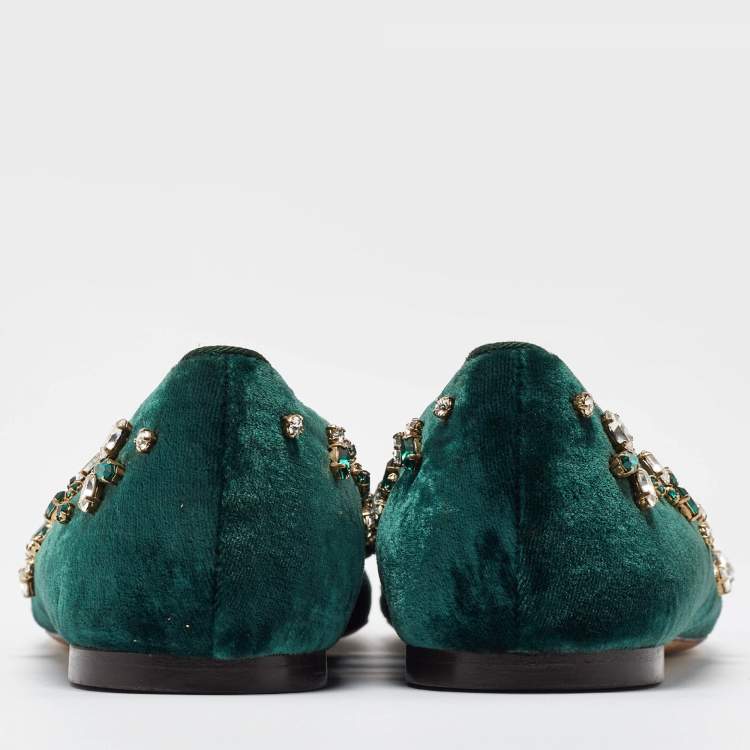 Pre Owned Dolce & Gabbana Green Velvet Crystal Velvet Smoking Slippers Size 40