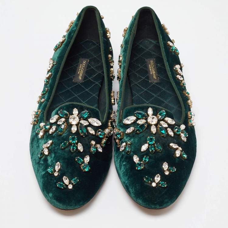 Pre Owned Dolce & Gabbana Green Velvet Crystal Velvet Smoking Slippers Size 40