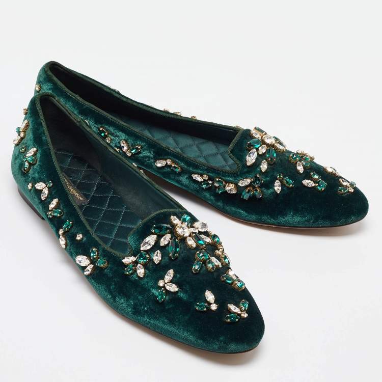 Pre Owned Dolce & Gabbana Green Velvet Crystal Velvet Smoking Slippers Size 40