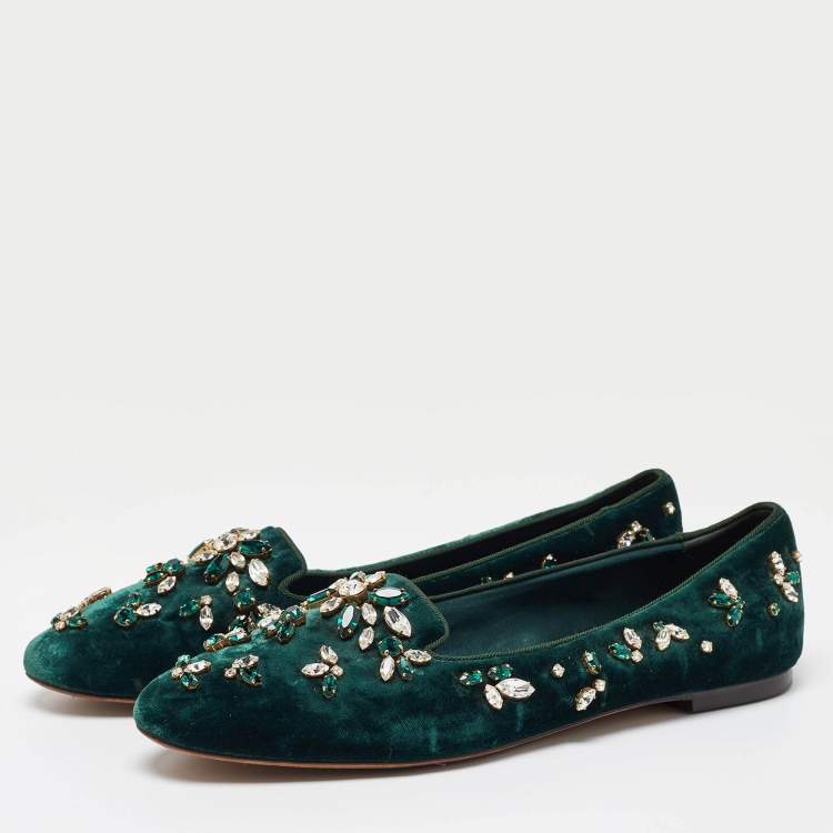 Pre Owned Dolce & Gabbana Green Velvet Crystal Velvet Smoking Slippers Size 40