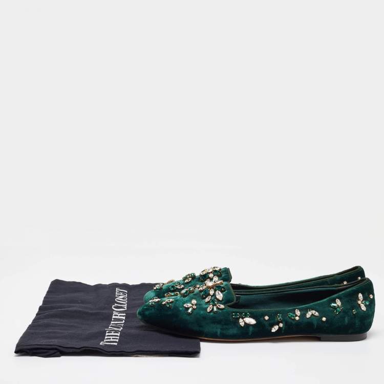 Pre Owned Dolce & Gabbana Green Velvet Crystal Velvet Smoking Slippers Size 40