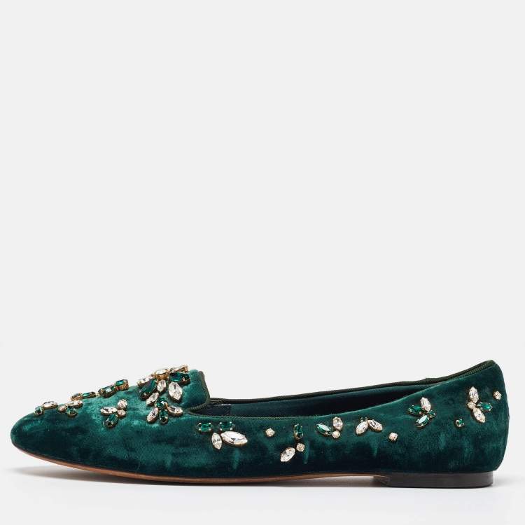 Pre Owned Dolce & Gabbana Green Velvet Crystal Velvet Smoking Slippers Size 40