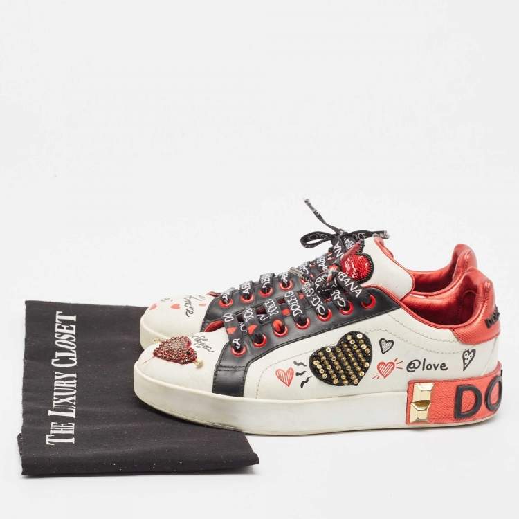 Pre Owned Dolce & Gabbana Multicolor Leather Amore Heart Embroidered Low Top Sneakers Size 37