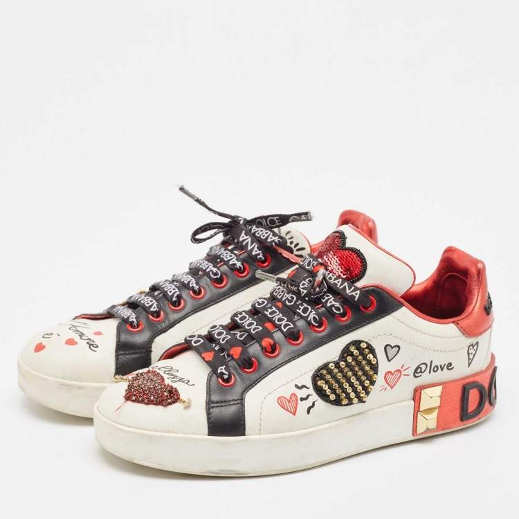 Pre Owned Dolce & Gabbana Multicolor Leather Amore Heart Embroidered Low Top Sneakers Size 37