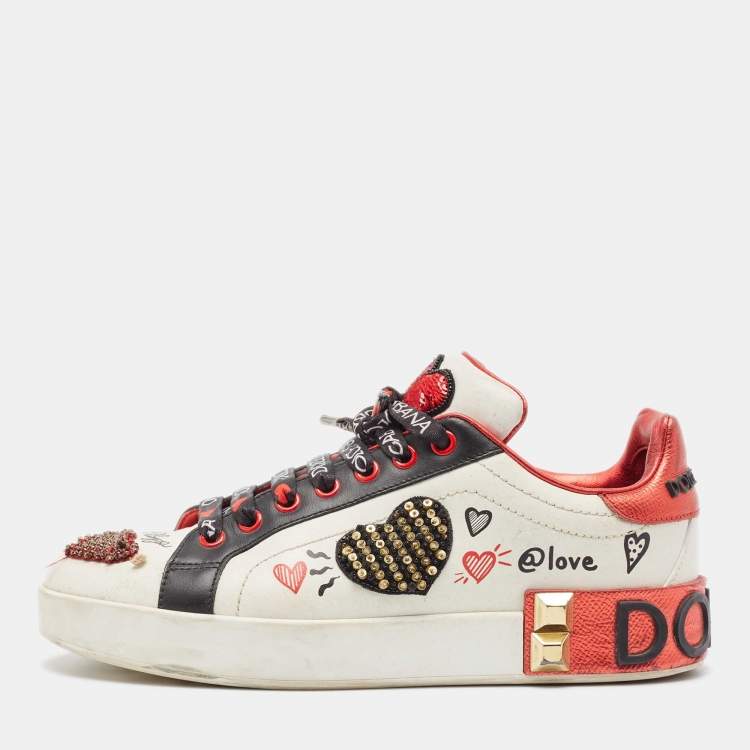 Pre Owned Dolce & Gabbana Multicolor Leather Amore Heart Embroidered Low Top Sneakers Size 37