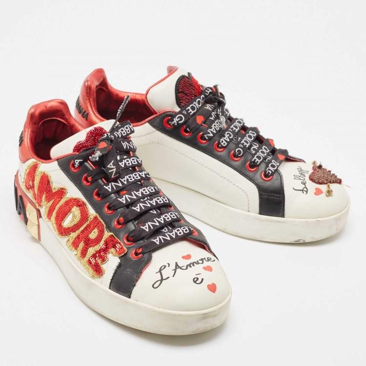 Pre Owned Dolce & Gabbana Multicolor Leather Amore Heart Embroidered Low Top Sneakers Size 37