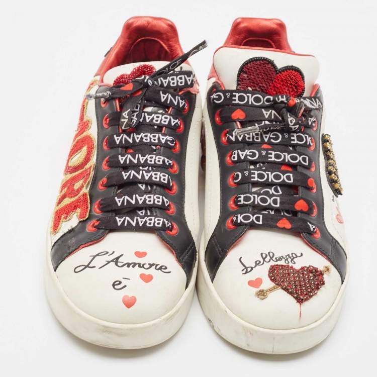 Pre Owned Dolce & Gabbana Multicolor Leather Amore Heart Embroidered Low Top Sneakers Size 37