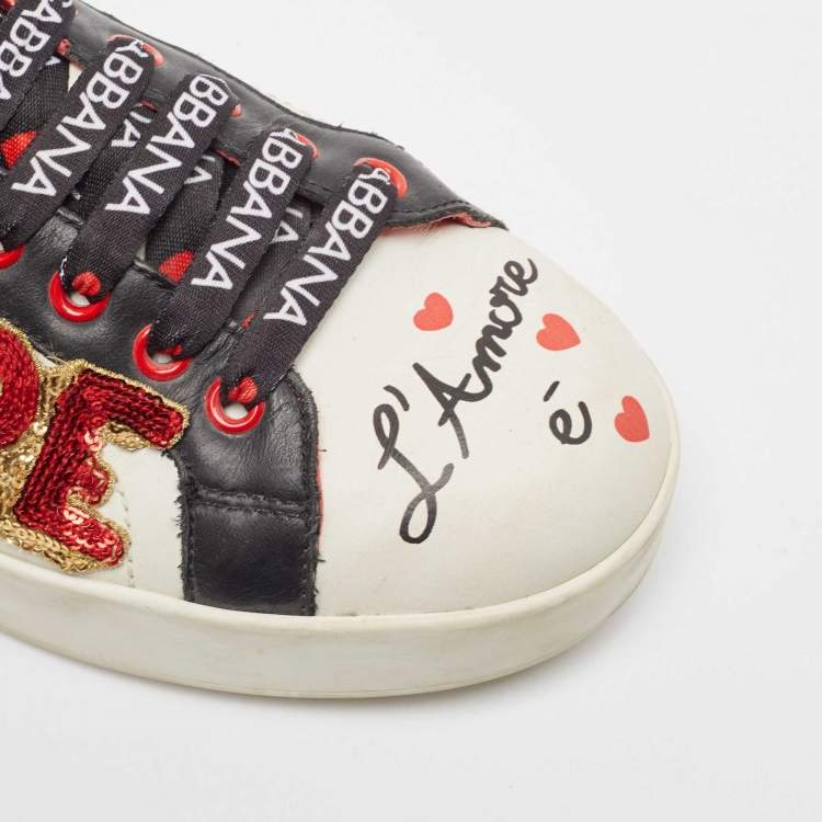 Pre Owned Dolce & Gabbana Multicolor Leather Amore Heart Embroidered Low Top Sneakers Size 37