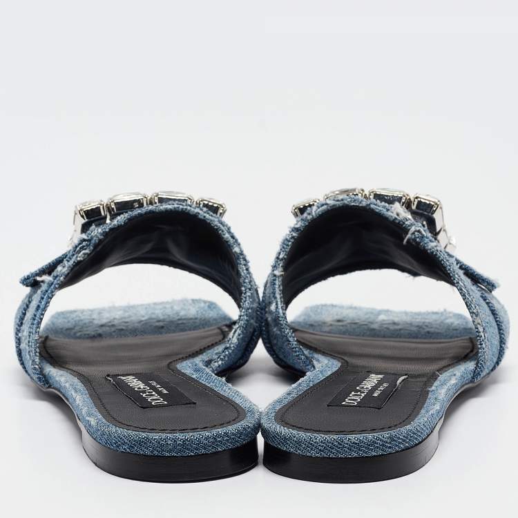 Pre Owned Dolce & Gabbana Blue Denim Embellished Patchwork Flat Slides Size 40