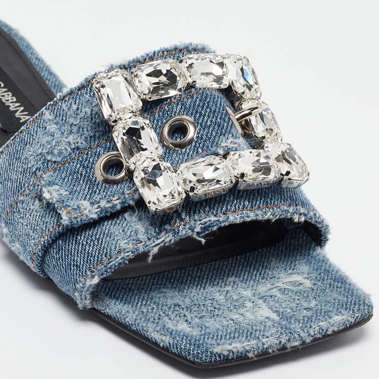 Pre Owned Dolce & Gabbana Blue Denim Embellished Patchwork Flat Slides Size 40