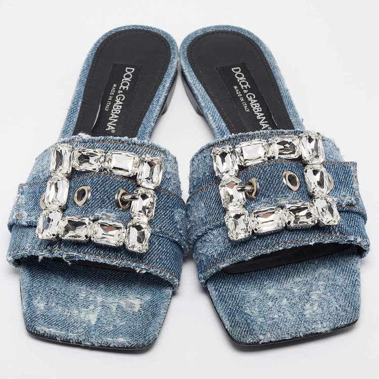 Pre Owned Dolce & Gabbana Blue Denim Embellished Patchwork Flat Slides Size 40