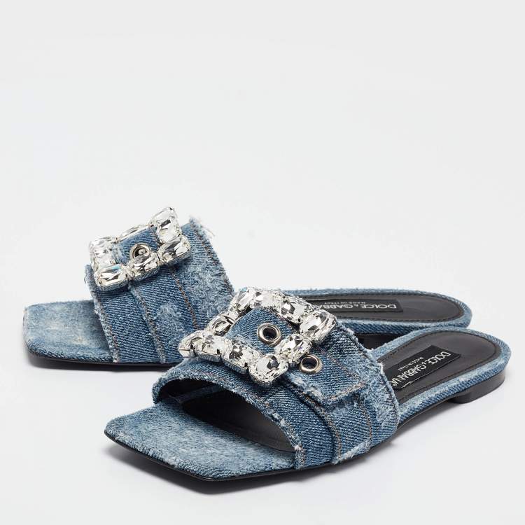Pre Owned Dolce & Gabbana Blue Denim Embellished Patchwork Flat Slides Size 40