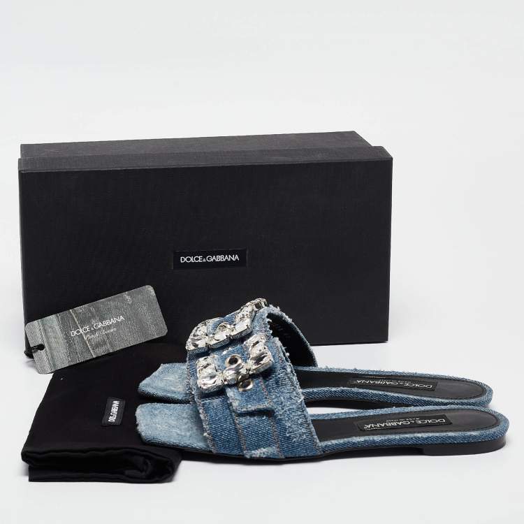 Pre Owned Dolce & Gabbana Blue Denim Embellished Patchwork Flat Slides Size 40