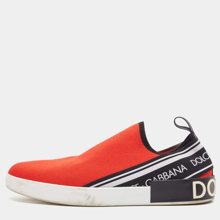 Pre Owned Dolce & Gabbana Red/Black Knit Fabric Portofino Slip On Sneakers Size 44