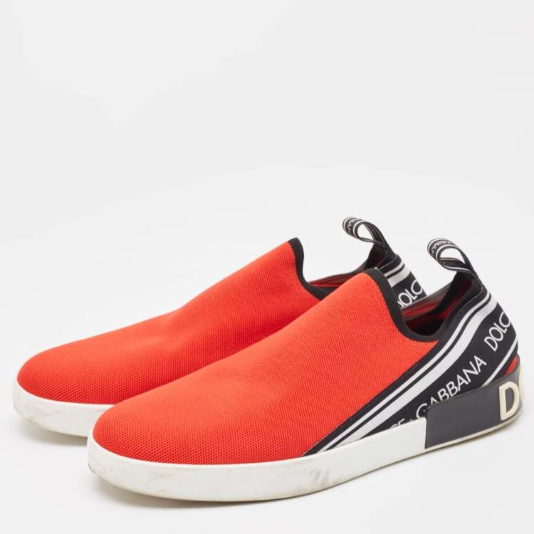 Pre Owned Dolce & Gabbana Red/Black Knit Fabric Portofino Slip On Sneakers Size 44