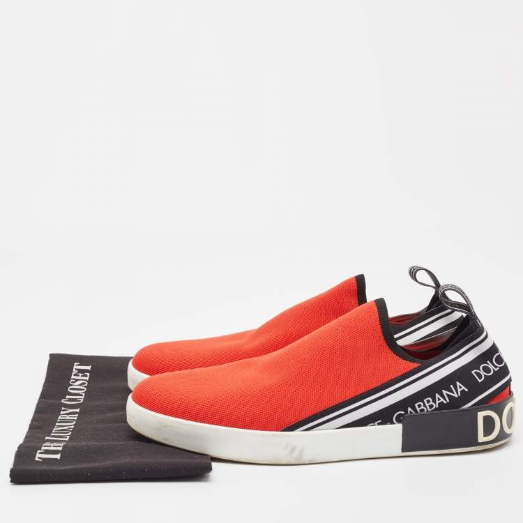 Pre Owned Dolce & Gabbana Red/Black Knit Fabric Portofino Slip On Sneakers Size 44