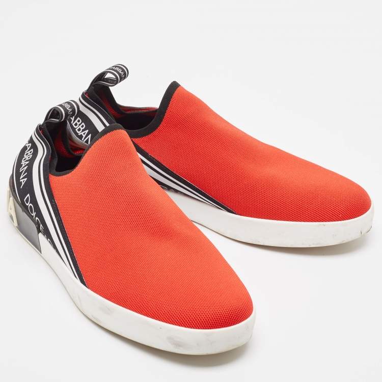 Pre Owned Dolce & Gabbana Red/Black Knit Fabric Portofino Slip On Sneakers Size 44