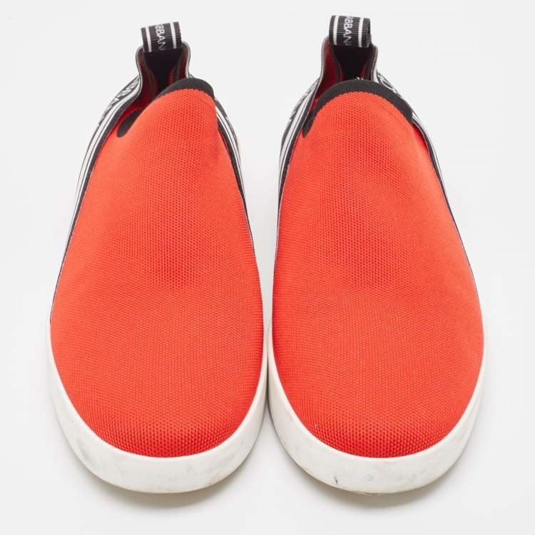 Pre Owned Dolce & Gabbana Red/Black Knit Fabric Portofino Slip On Sneakers Size 44