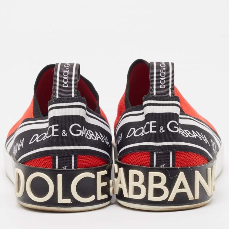 Pre Owned Dolce & Gabbana Red/Black Knit Fabric Portofino Slip On Sneakers Size 44