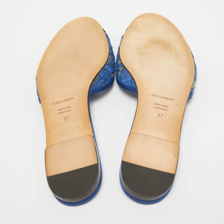 Pre Owned Dolce & Gabbana Blue Lace Sofia Crystal Embellished Slide Flats Size 37