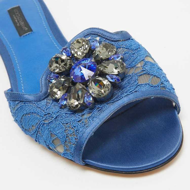 Pre Owned Dolce & Gabbana Blue Lace Sofia Crystal Embellished Slide Flats Size 37