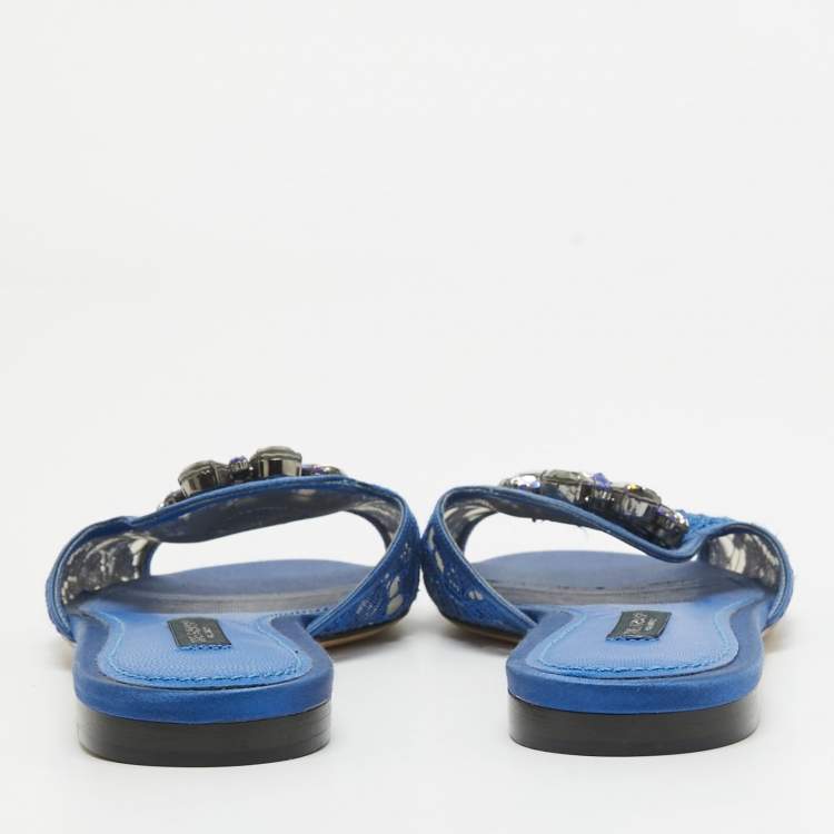 Pre Owned Dolce & Gabbana Blue Lace Sofia Crystal Embellished Slide Flats Size 37