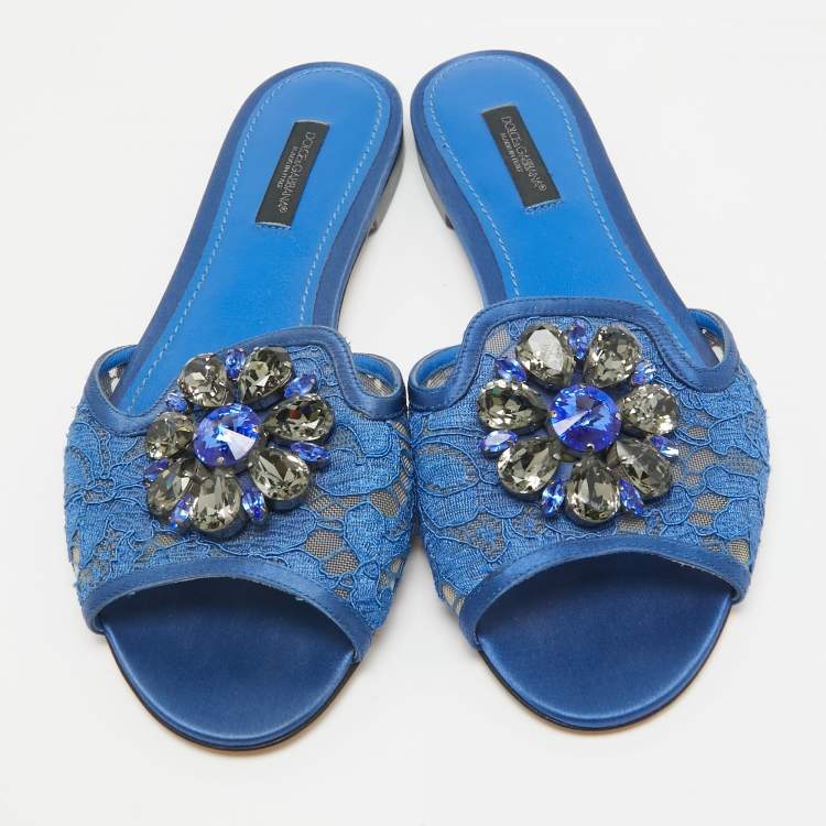 Pre Owned Dolce & Gabbana Blue Lace Sofia Crystal Embellished Slide Flats Size 37