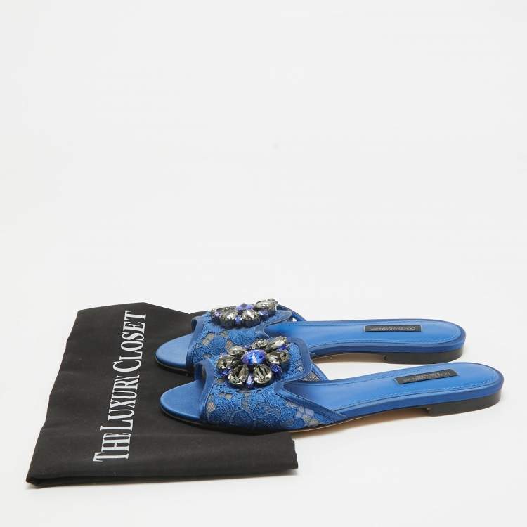 Pre Owned Dolce & Gabbana Blue Lace Sofia Crystal Embellished Slide Flats Size 37