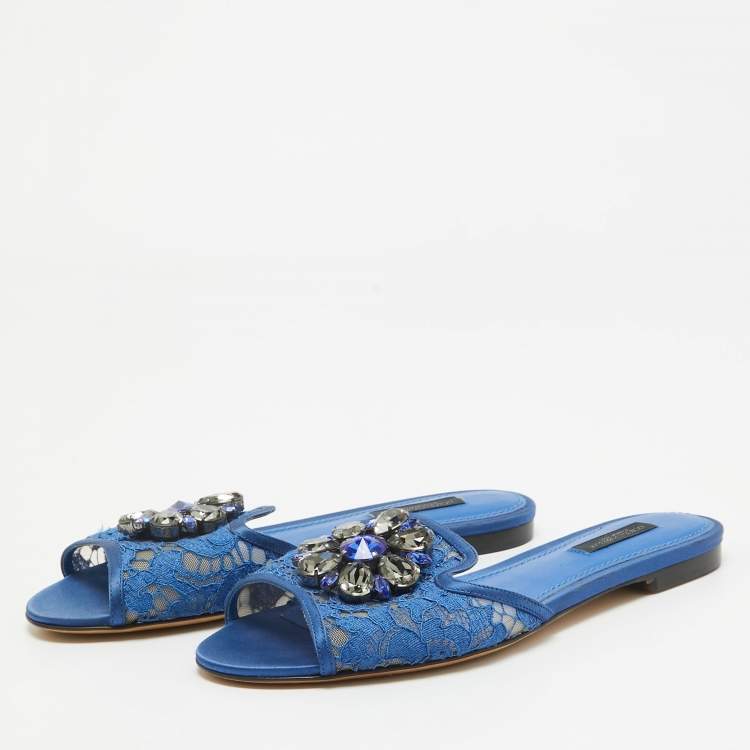 Pre Owned Dolce & Gabbana Blue Lace Sofia Crystal Embellished Slide Flats Size 37