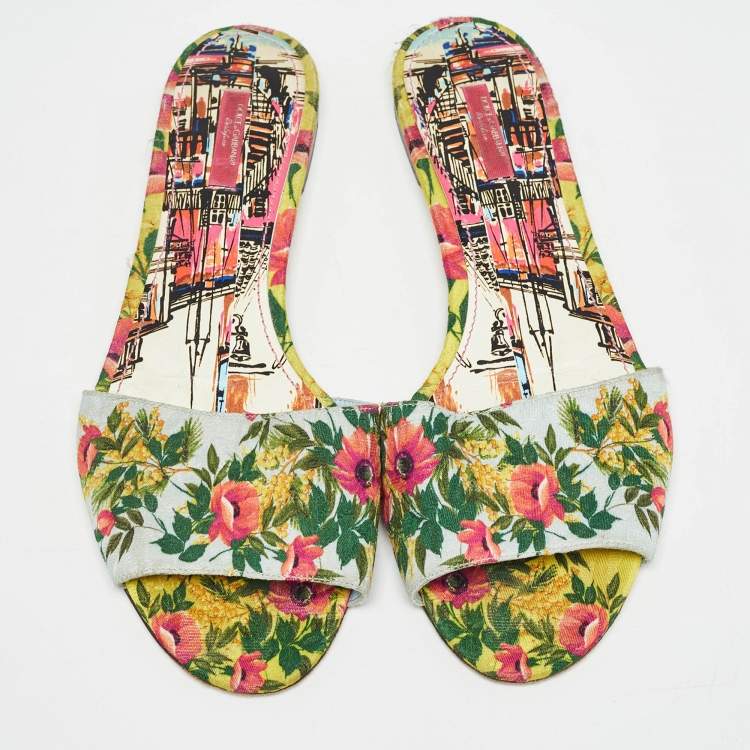 Pre Owned Dolce & Gabbana Tricolor Floral Print Canvas Flat Slide Size 41