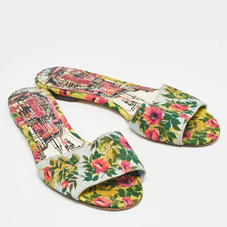 Pre Owned Dolce & Gabbana Tricolor Floral Print Canvas Flat Slide Size 41
