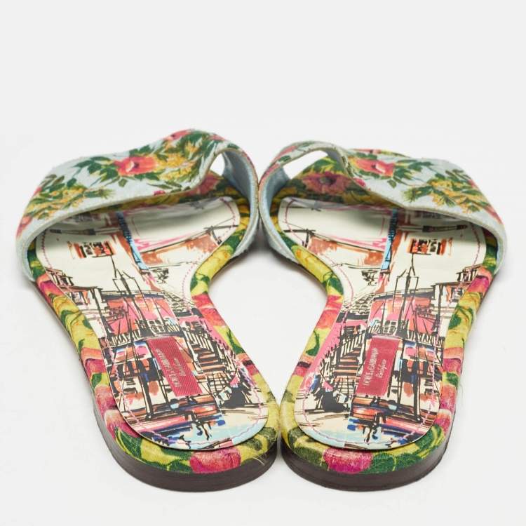 Pre Owned Dolce & Gabbana Tricolor Floral Print Canvas Flat Slide Size 41