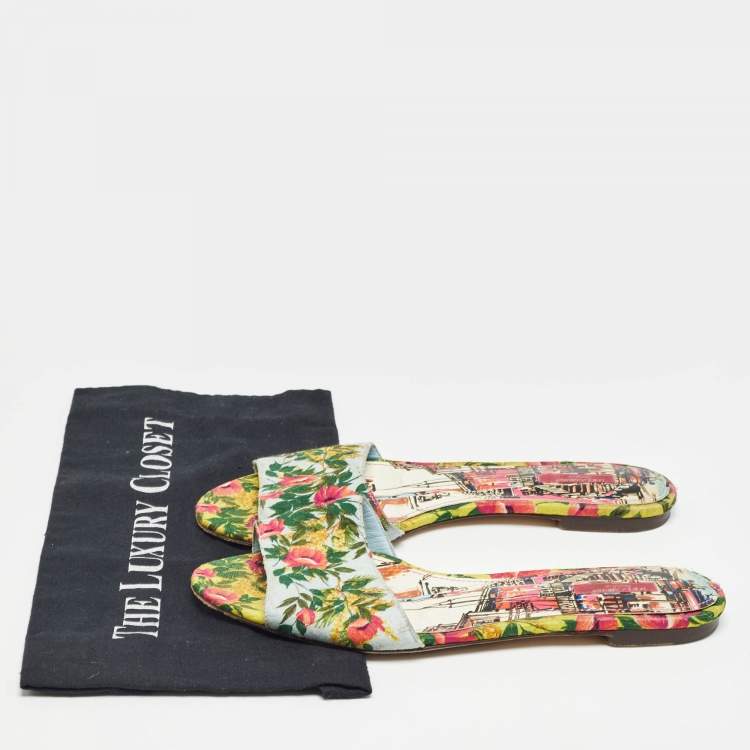 Pre Owned Dolce & Gabbana Tricolor Floral Print Canvas Flat Slide Size 41