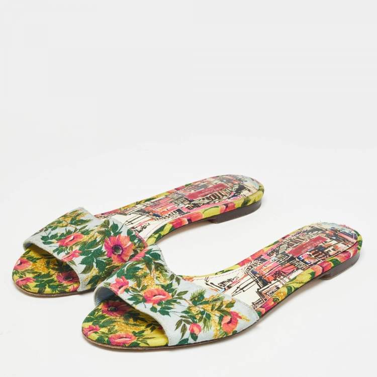 Pre Owned Dolce & Gabbana Tricolor Floral Print Canvas Flat Slide Size 41