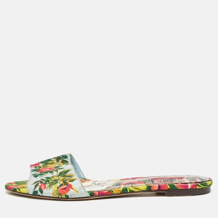 Pre Owned Dolce & Gabbana Tricolor Floral Print Canvas Flat Slide Size 41