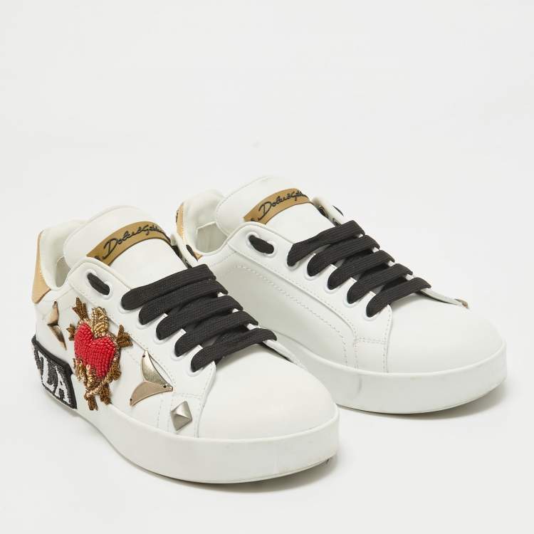 Pre Owned Dolce & Gabbana White Leather Portofino Embellished Low Top Sneakers Size 35
