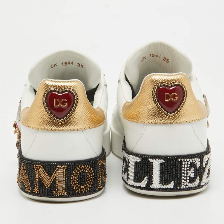 Pre Owned Dolce & Gabbana White Leather Portofino Embellished Low Top Sneakers Size 35