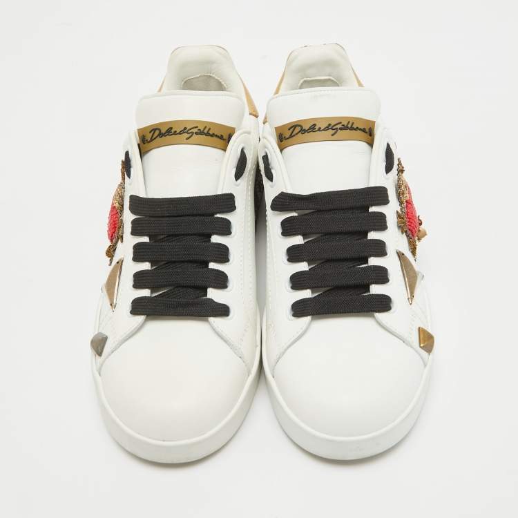 Pre Owned Dolce & Gabbana White Leather Portofino Embellished Low Top Sneakers Size 35