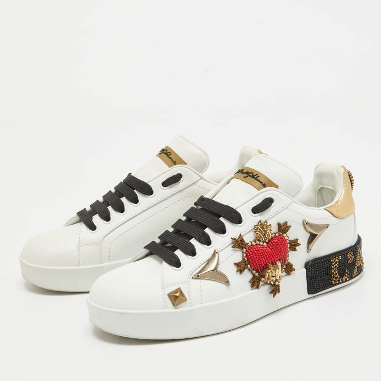 Pre Owned Dolce & Gabbana White Leather Portofino Embellished Low Top Sneakers Size 35