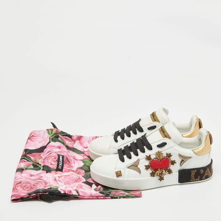 Pre Owned Dolce & Gabbana White Leather Portofino Embellished Low Top Sneakers Size 35